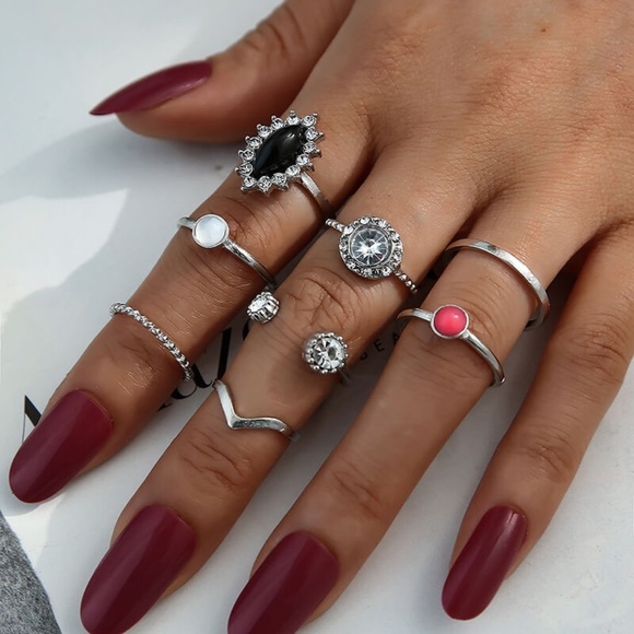 **MAGENA* 8-Pc Silver x Rhinestone Fashion Ring Set - Picture 3 of 6